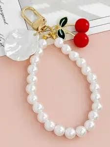Simulation Cherry Shell Pearl Bracelet Keychain Phone Bag Pendant Accessory for Women Girl Key chain Keyring for Purse Handbags Backpack Charm