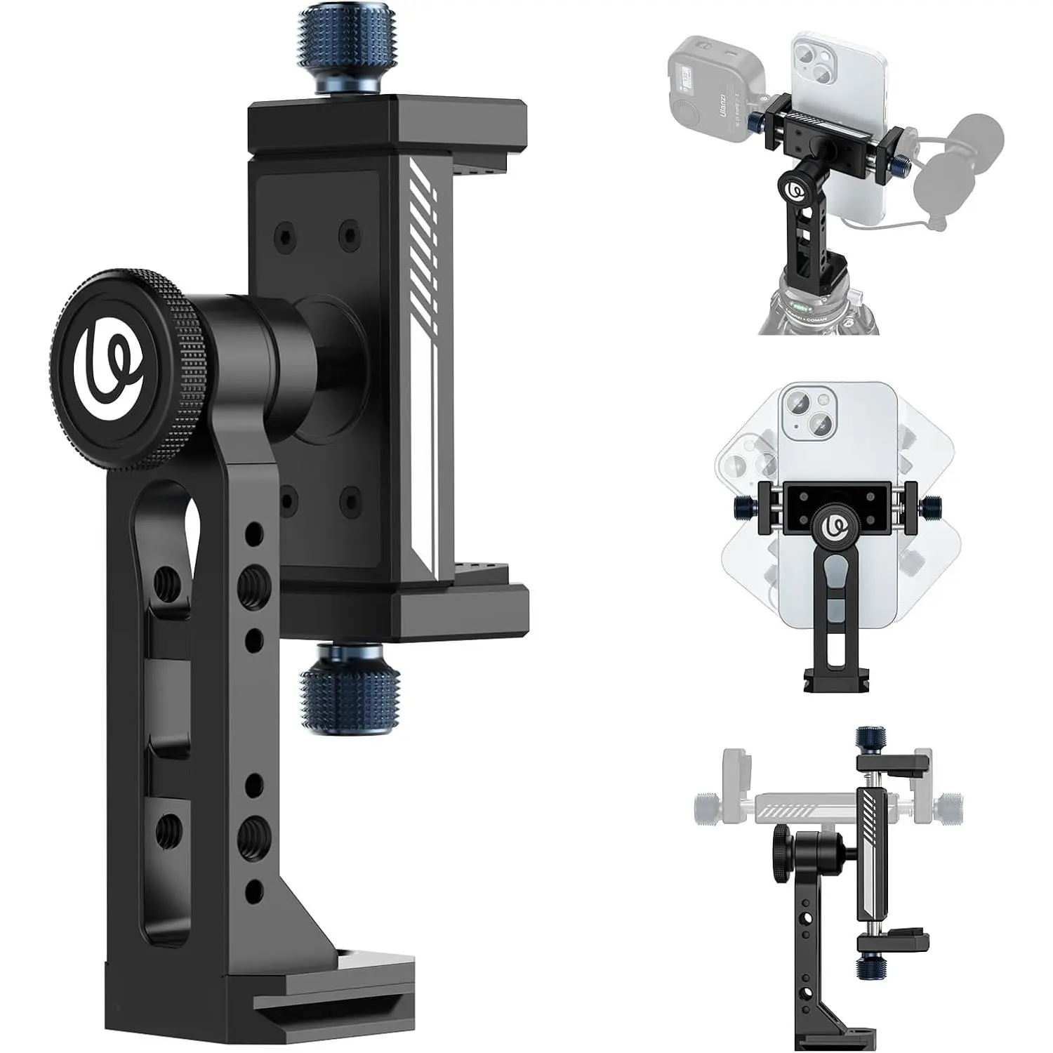 Ma53  Phone Tripod Mount Clamp Metal with  Cold Shoes | 360° Rotatable Smartphone Clip Holder with 1/4 Screw Arca Swiss, Vertical Horizontal  Light, Vlogging Live Streaming