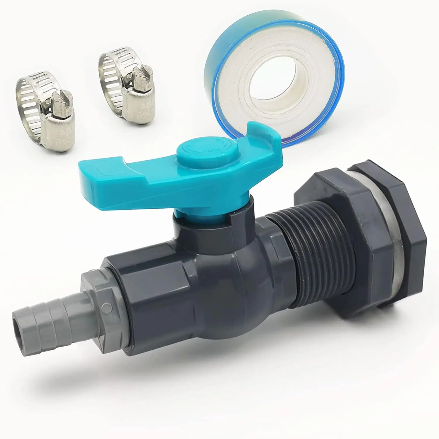 Rain Barrel Spigot PVC Faucet Kit with Bulkhead Fitting, Ball Valve, Garden Hose Barb Adapter, Pipe Clamps, Thread Seal Tape (16mm ID Hose)