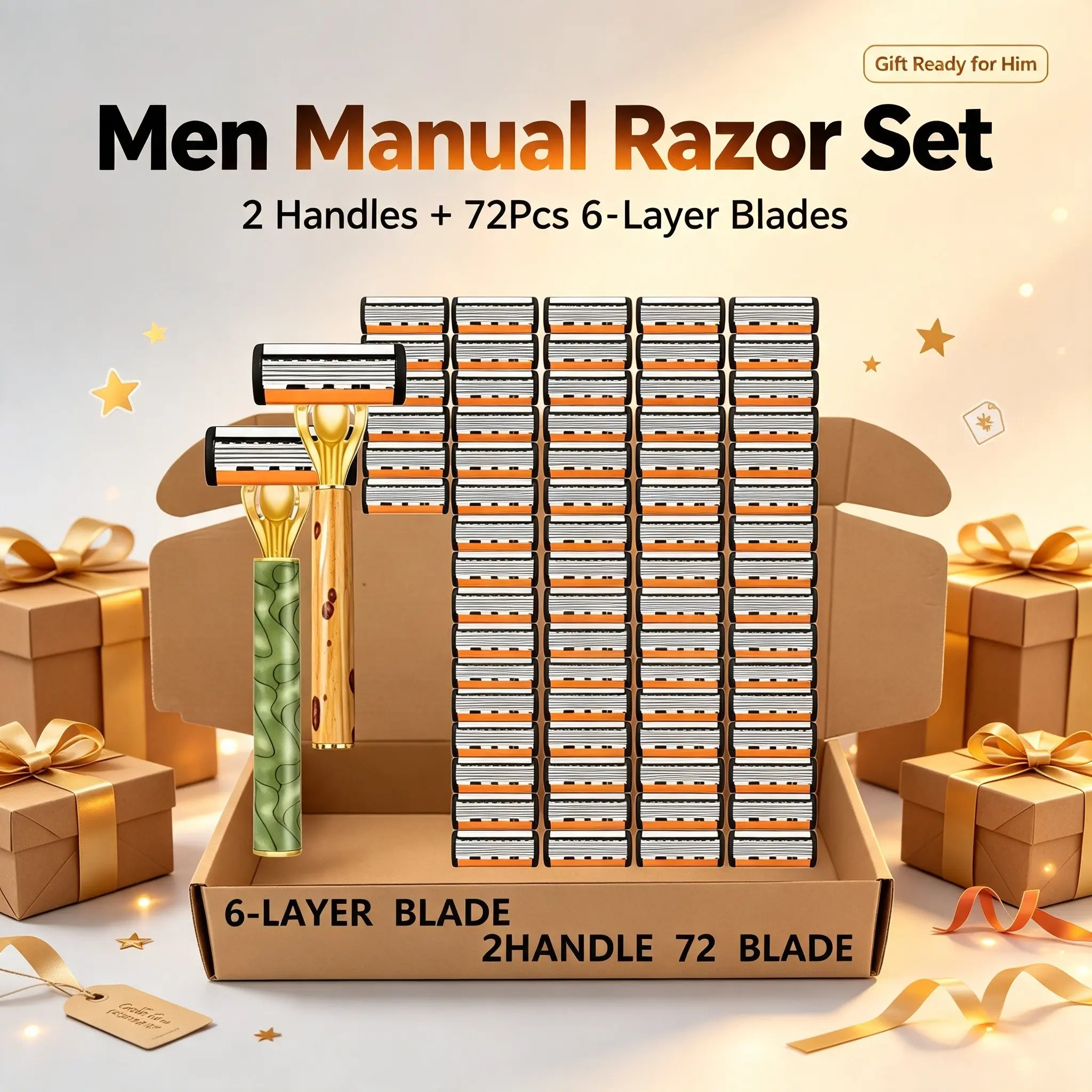 Manual Safety Razor Set for Men, 2 Pcs Non‑Slip Razor Handles with 72 Pcs 6‑Layer Replacement Razor Blades, Reusable Manual Shaving Razor Kit for Close Smooth Shave, Ideal for Daily Home Shaving & Great Gift Choice for Men Husband Boyfriend