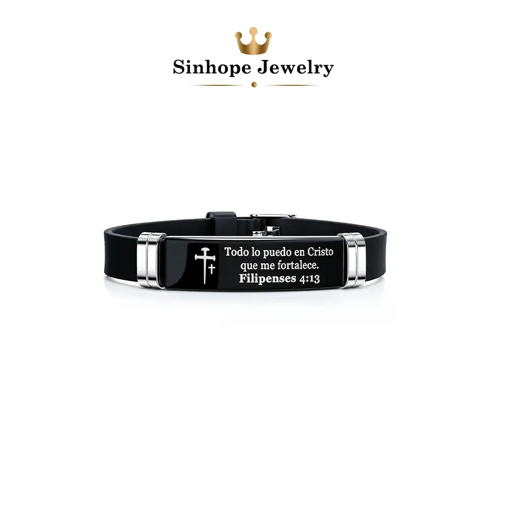 Spanish Philippians Scripture Silicone Bracelet for Men, Cross Engraved Religious Wristband, Todo lo puedo en Cristo que me fortalece Faith Inspirational Christian Jewelry, Adjustable Silicone Bracelet Religious Gift for Catholic & Believers