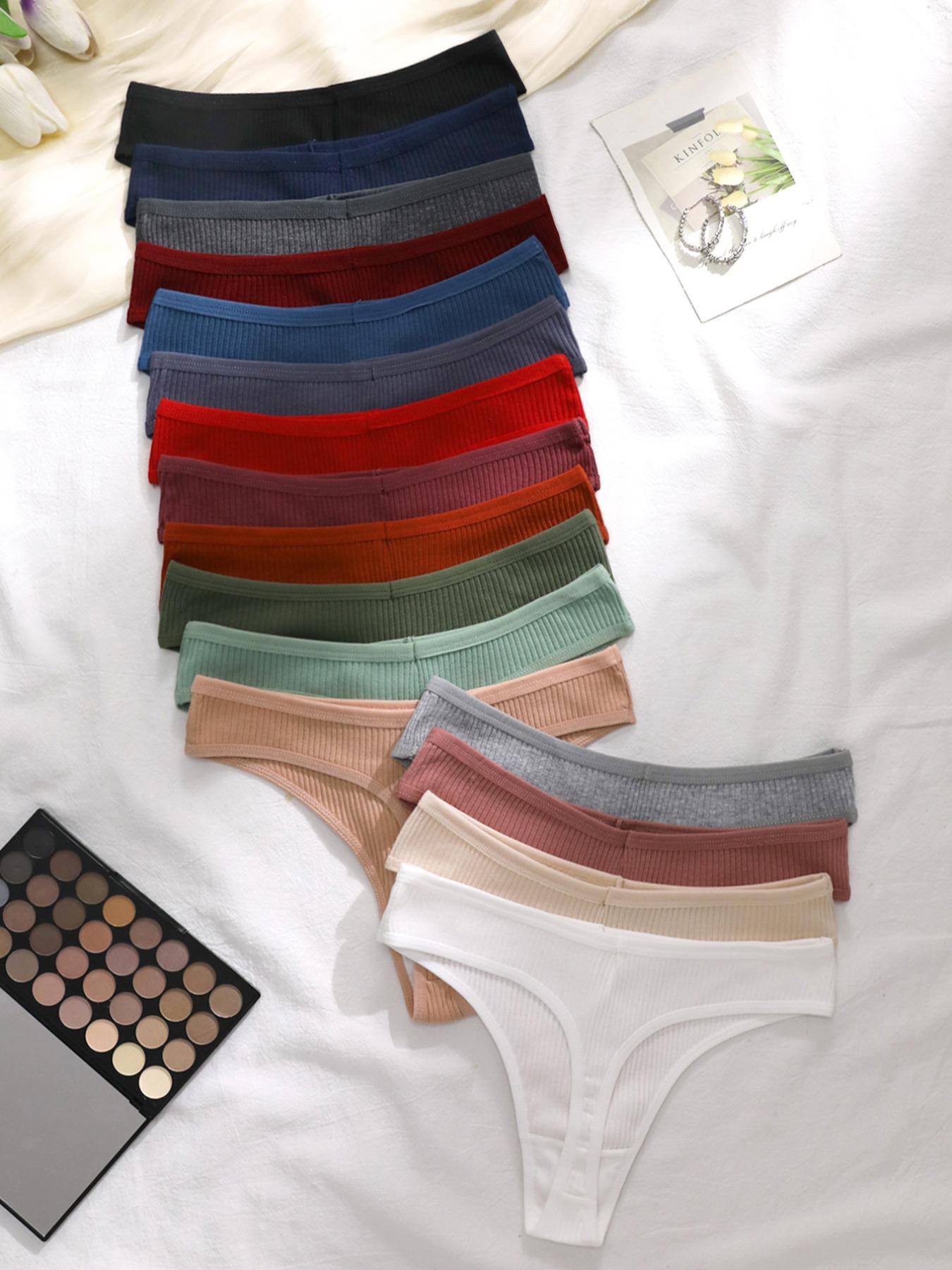 Women's 12pcs Solid Drop Waist Thong, Soft Comfy Breathable Knicker for Daily Wear, Ribbed Panty Underwear for All Seasons
