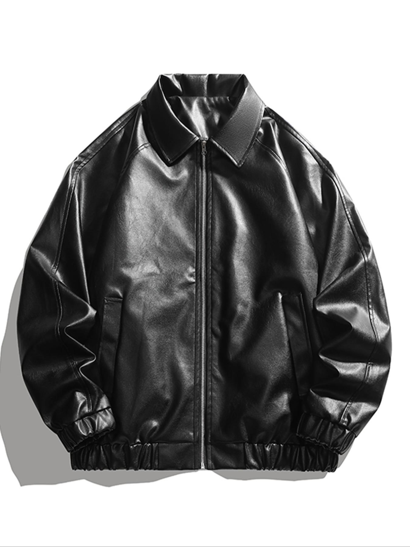 Men's Solid Color Pocket PU Leather Collared Jacket Coats, Regular Fit Casual Long Sleeve Zip Up Outerwear for Daily Wear, Men's Clothing for All Seasons
