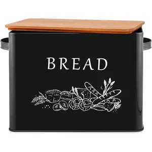 Bread Box for Kitchen Countertop, Metal Bread Storage Container Bin with Bamboo Lid for Cutting Bread, Extra Large & Farmhouse Style, 13" x 7.2" x9.8", Black