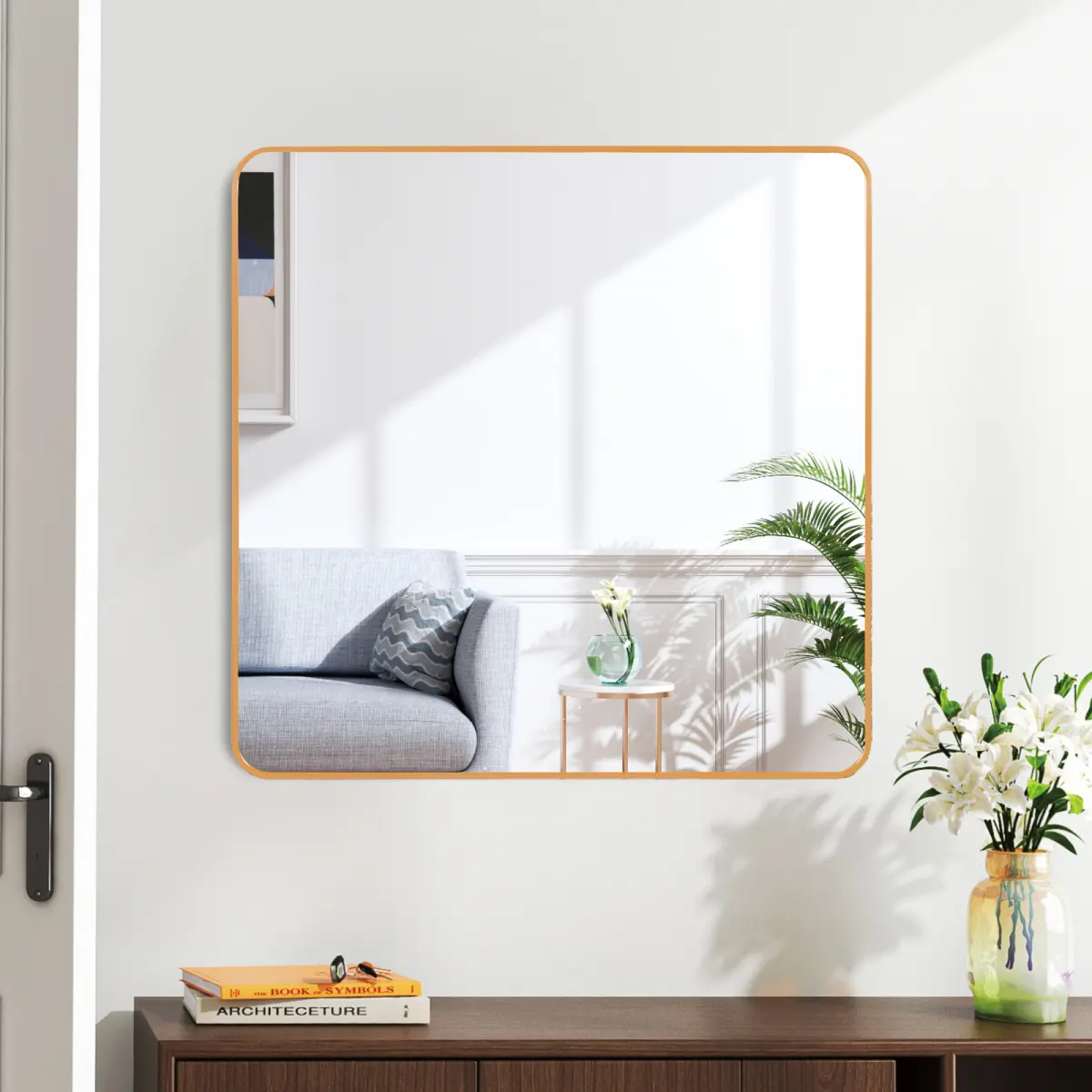 30x30 Inch Minimalist Large Household Gold Brushed Aluminum Square Wall Mirror - 4mm Undistorted HD Shatterproof Glass, MDF Backboard, Anti-Rust Metal Frame, Reinforced Hanging Hardware, Easy Mount, Elegant Decor for Bathroom, Bedroom, Safety, Large Mirro