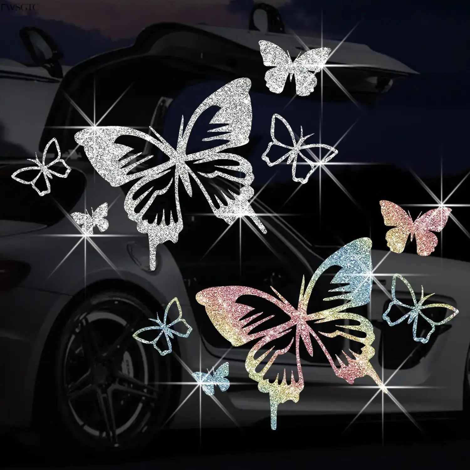 Shimmer Glitter Butterfly Self-Adhesive Waterproof Vinyl Decals, Multi-Surface Decor Stickers For Car Windows, Bumpers And Laptops, Lovely Stylish Accessory & Heartwarming Small Gift For Female Drivers And Young Girls Daily Item Customization