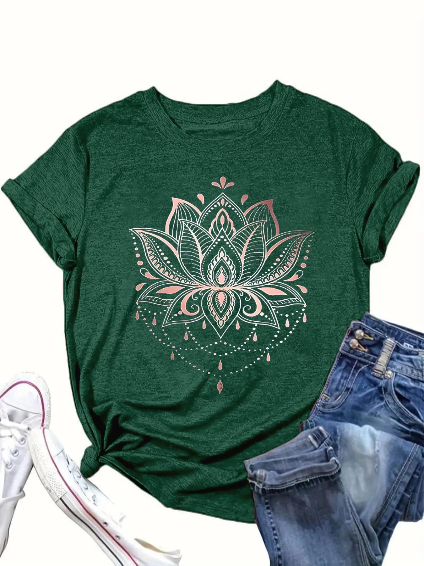 【Plus Size】 Lotus Graphic Tee, Boho Casual Crew Neck Short Sleeve Lightweight T-shirt for Daily Holiday Vacation Wear, Women Clothing for All Seasons