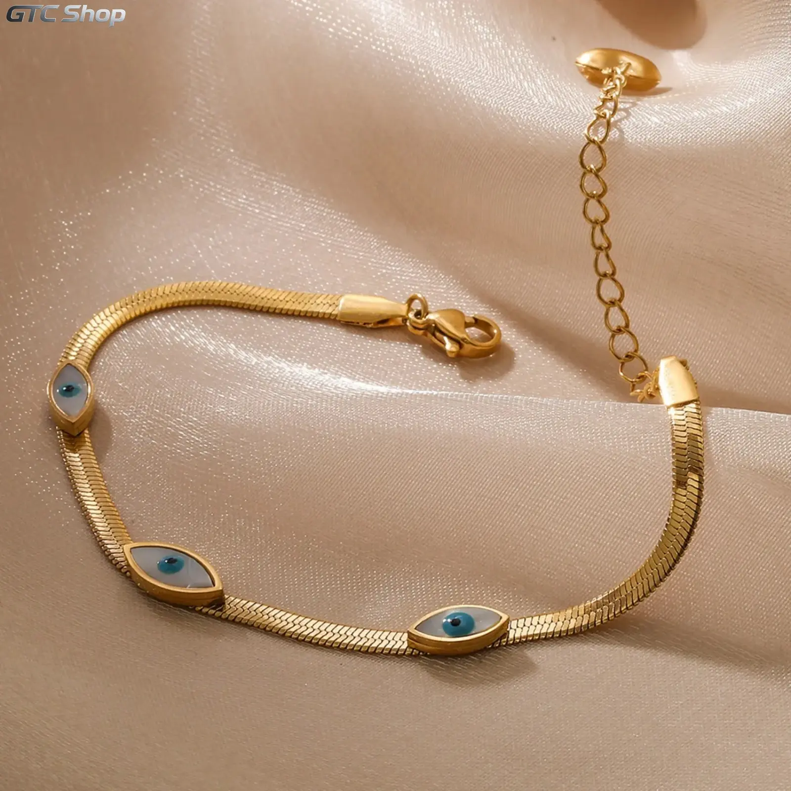Women's Gold Rustproof Stainless Steel Bracelet - Blue Eye Charm Accents, Minimalist Sporty Tarnish-Resistant Wristband, Stackable Chain for Sports, Party Outfits, Holiday Gifting