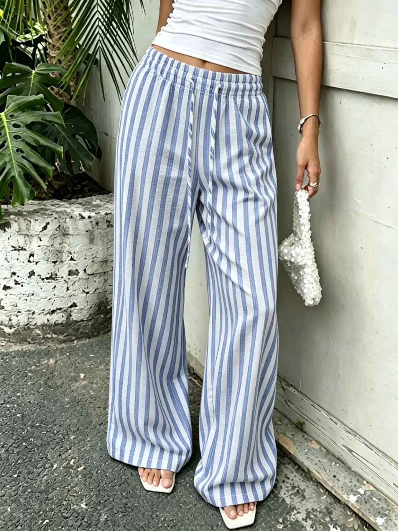 Summer Striped Loose Fit Casual Drawstring Pants, Elastic Waist, Soft Lightweight Fabric, Sweet Fresh Long Pants, Comfortable and Fashionable