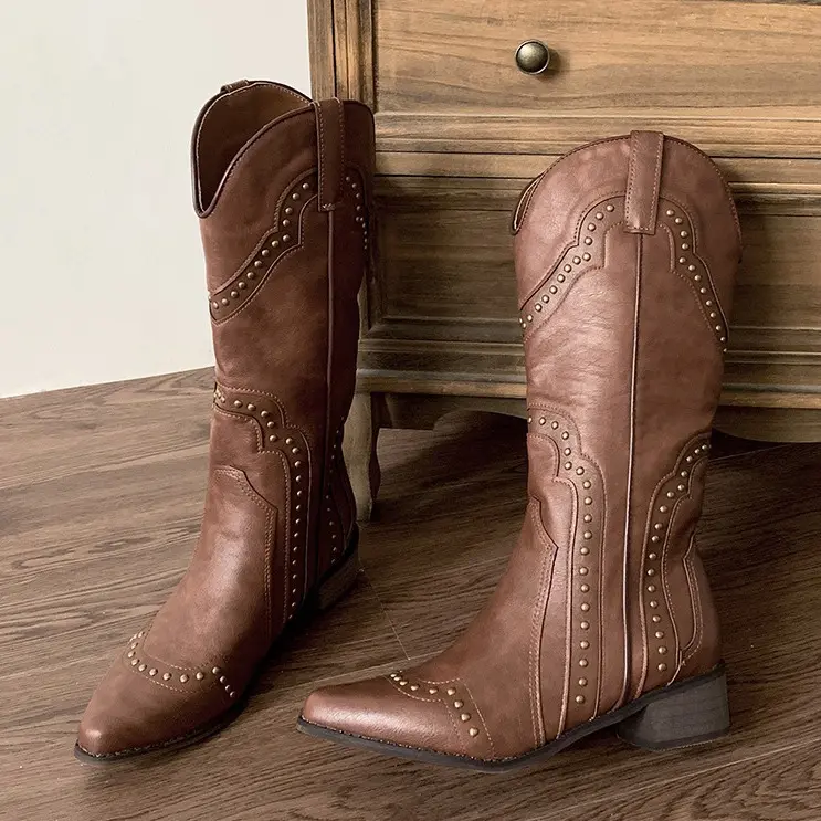 Women's American Retro Brown Western Cowboy Tall Boots, Chunky Platform Heel, Leg-Lengthening Fashion Riding Boots for Spring & Fall