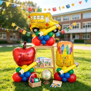 Back-To-School Theme Balloon Column Set, Includes Apple, Bus, Crayon Box Balloons, Latex and Long Balloons, Ideal for back-to-school classroom decorations,School Supplies, kindergarten opening ceremonies, elementary school welcome events