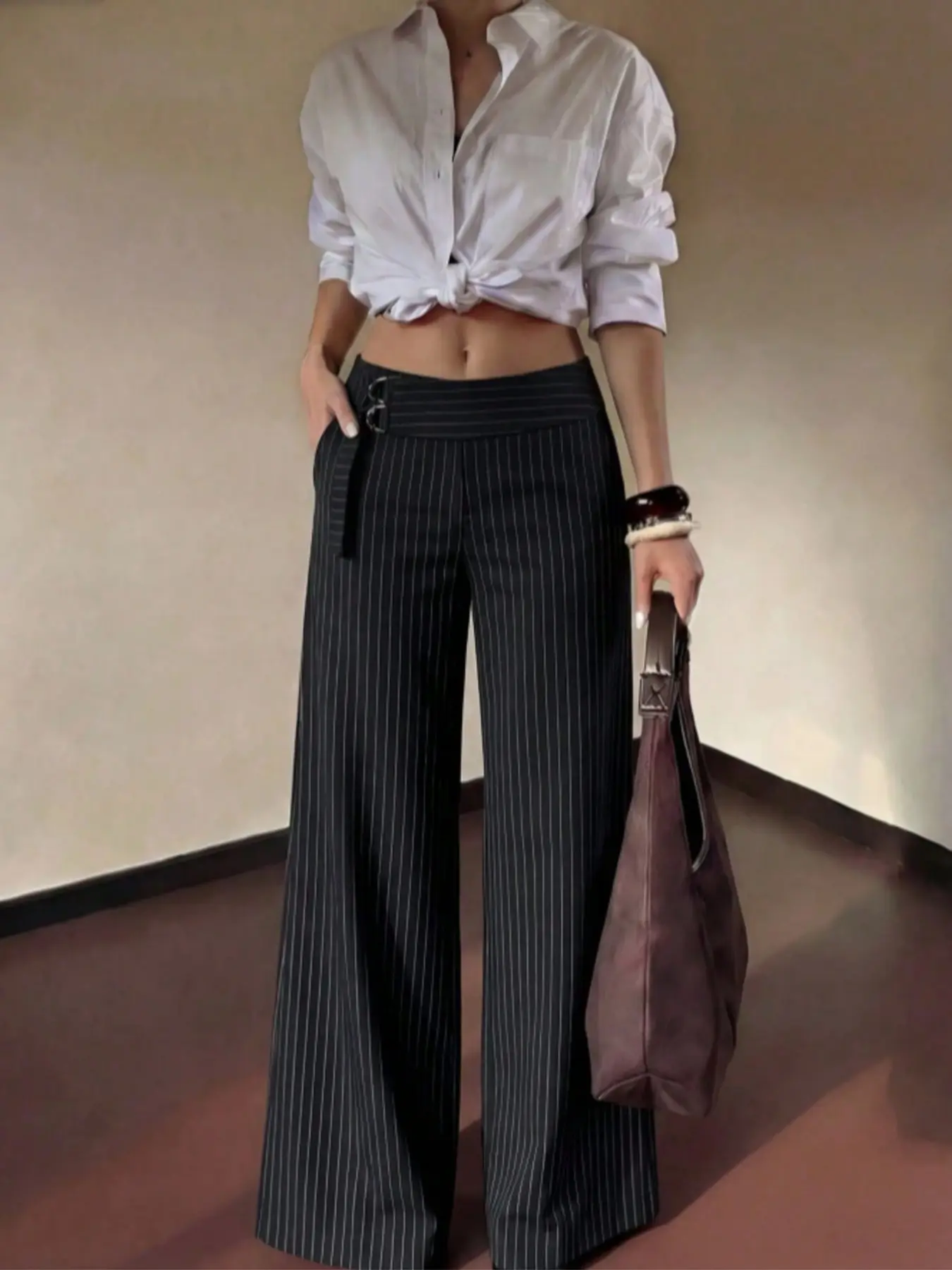 Women's Vertical Striped Wide Leg Pants, High Waist Buttoned Suit Pants, Casual Office Wear, Long Trousers for Daily Use