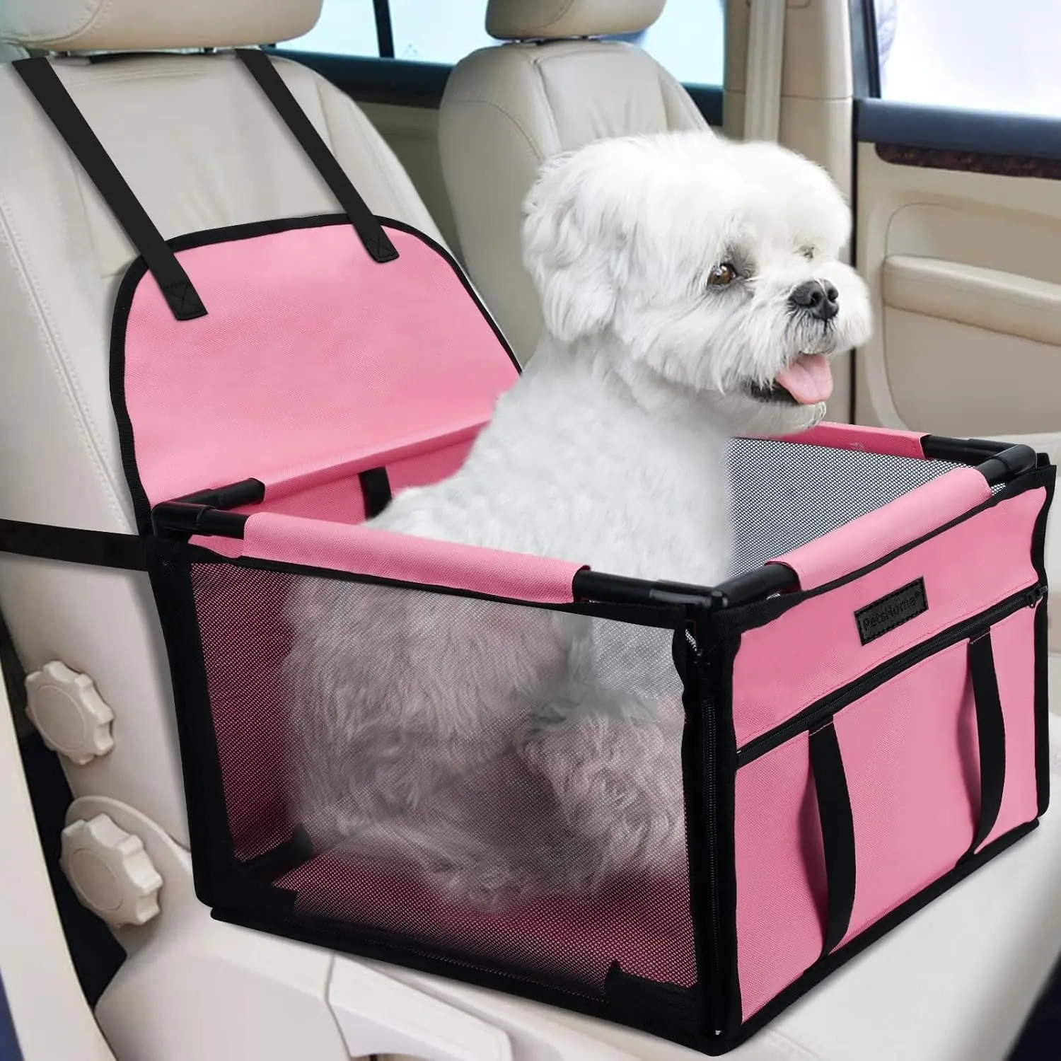 Petbobi Pet Reinforce Car Booster Seat for Dog Cat Portable and Breathable Bag Puppy Carrier with Seat Belt Dog Carrier Safety Stable for Travel Look Out,with Clip on Leash with PVC Tube, Pink