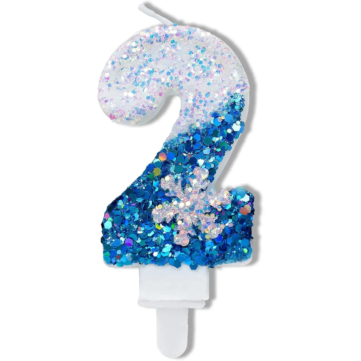 2 Blue & White Glitter Snowflake Number Candles, Elegant Synthetic Durable-Material Cake Decorating Supplies, Happy Birthday Cake Decorations