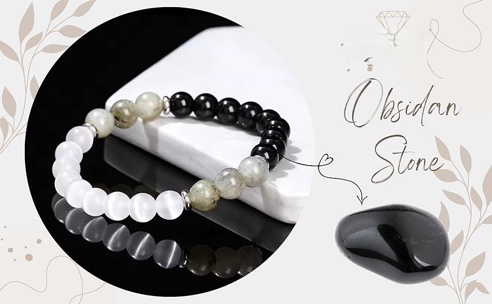 Obsidian Labradorite Cat Eye Stone Bracelet – Natural Healing Crystal Energy Jewelry for Protection, Balance & Positive Energy – Handmade Gemstone Beaded B