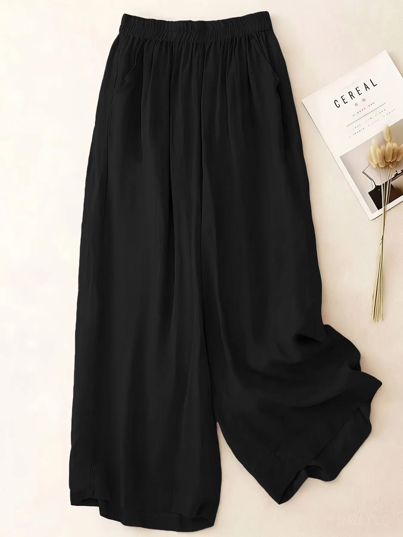 Women's Loose Fit High-Waisted Wide Leg Pants, Casual Elastic Waist Cropped Capri, Plain Design for All Seasons, Comfortable and Stylish