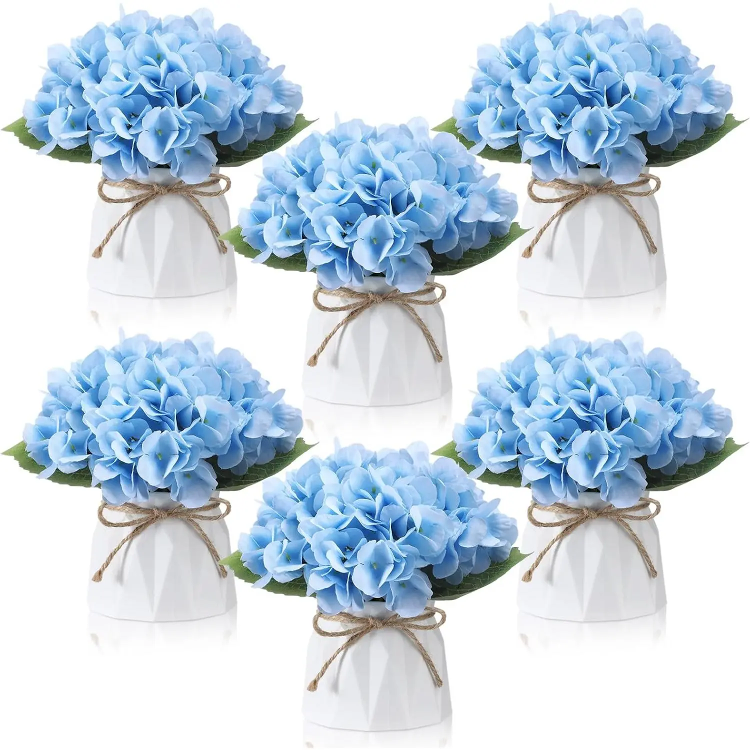 6-Set Silk Hydrangea Table Centerpieces, Artificial Blue Hydrangea Bouquets with Small Plastic Vases for Home Wedding, Bridal Shower Decoration, Floral