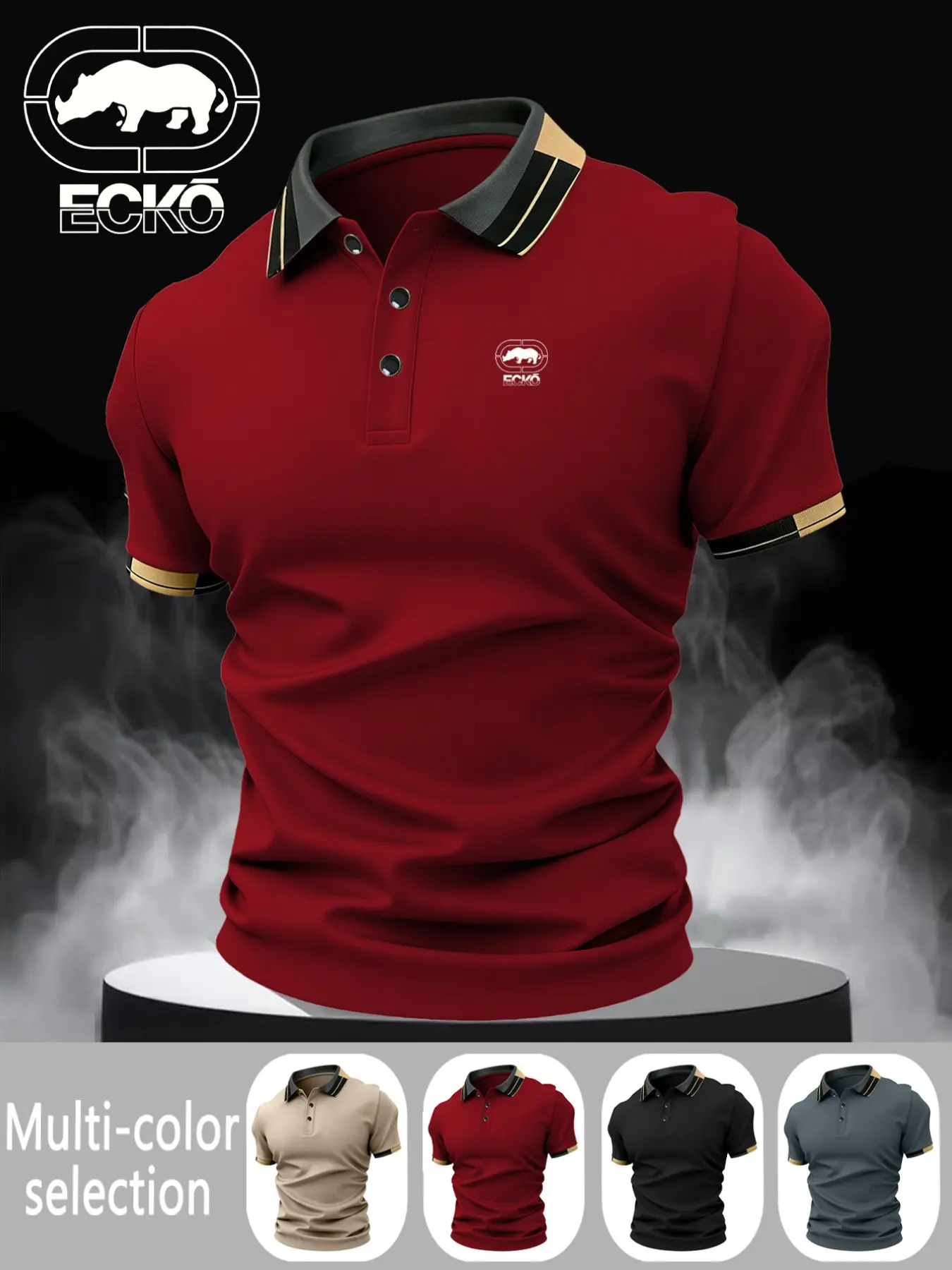 Men's Ecko Logo Print Button Down Shirt, Stretchy Stylish Streetwear Collared Casual Breathable Four Seasons Comfortable Durable High-End Polo Top
