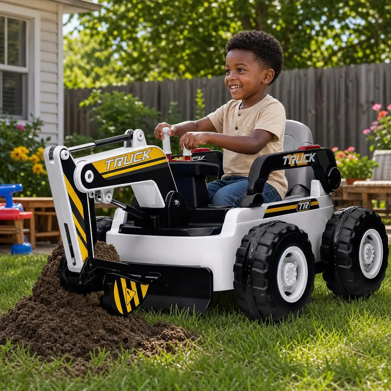 12V Kids Ride on Excavator - 4WD Electric Toy Digger Tractor with 2.4G Parent Remote, 4x4 570 Motors, Working Action Bucket, Music, Shock Absorbers for Boys Girls 3-8 Years