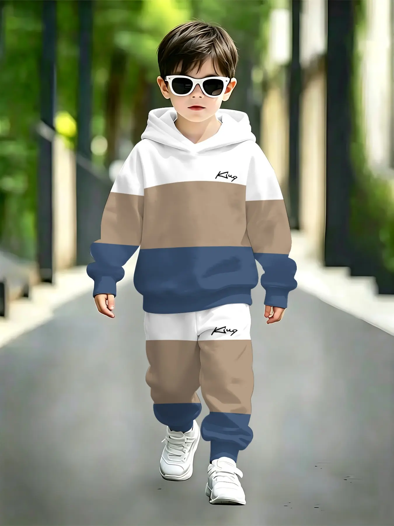 Boys' Colorblock Hoodie Set, Kids Striped King Letter Long Sleeve Hooded Sweatshirt and Pants Two-Piece Set, Casual Sportswear for Fall & Winter