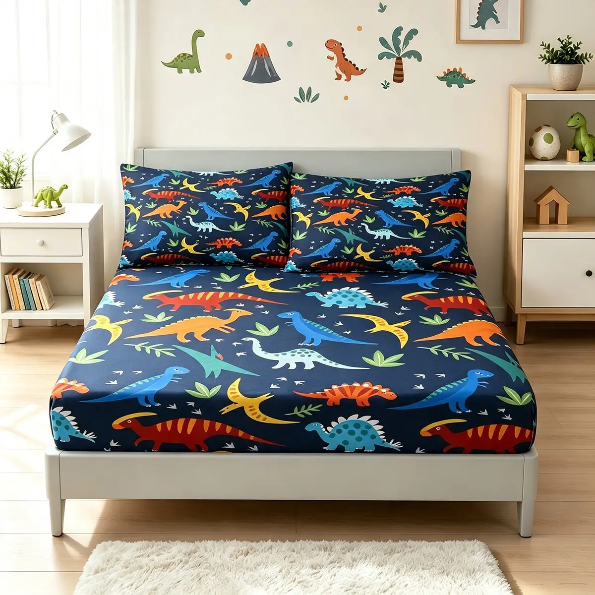 Cartoon Small Dinosaur Bedding Set, Bed Sheets Set, Includes 1 Fitted Sheet and 2 Pillowcases, Polyester Material, Digital Print, 12" Deep Pocket, All Seasons Use