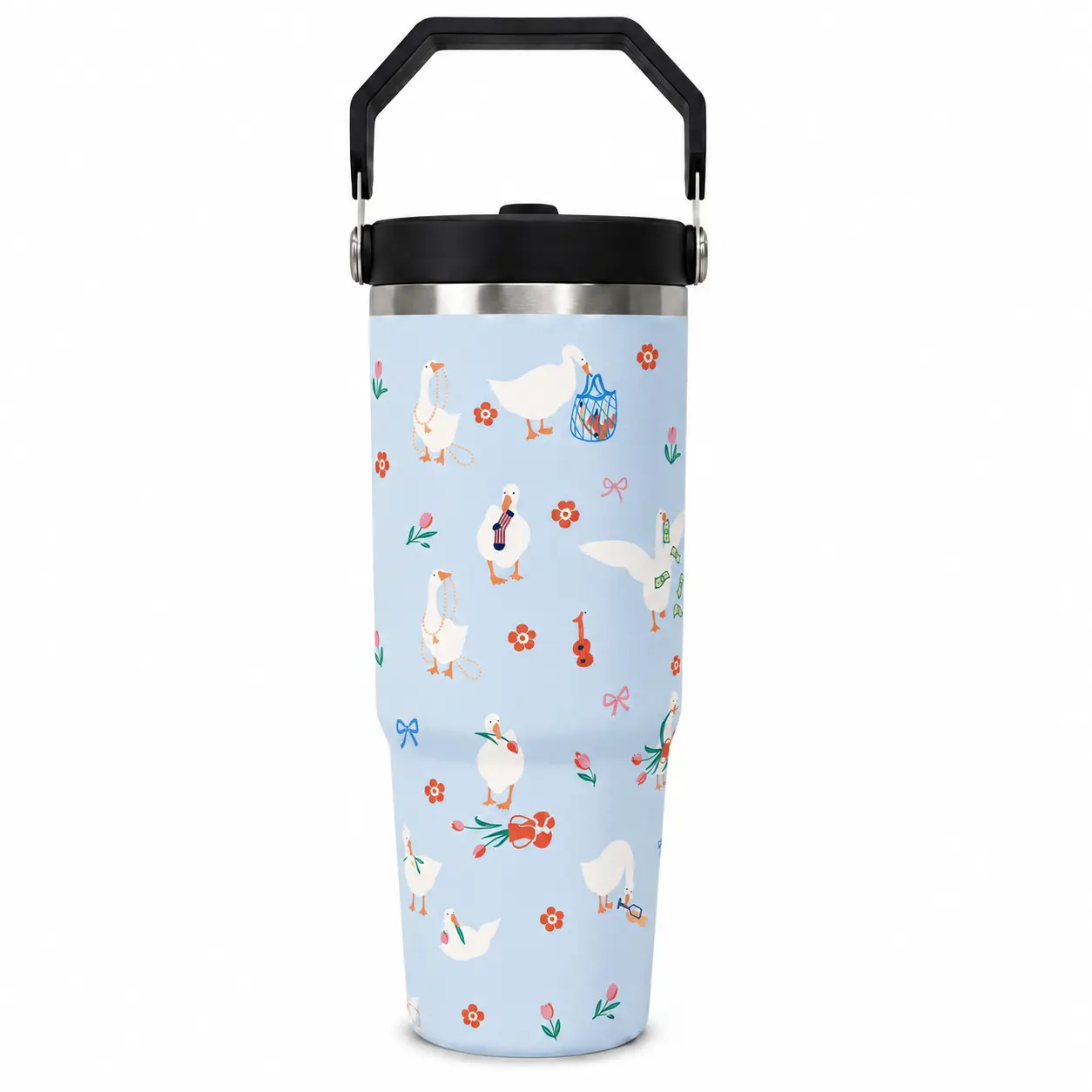 30oz Stainless Steel Insulated Tumbler - Cute Cartoon Goose & Flowers Print, Carry Handle, Straw Lid, Vacuum Flask Drinkware, Funny Duck Design Travel Cup, Ideal Birthday Gift for Women, Flasks, Drink