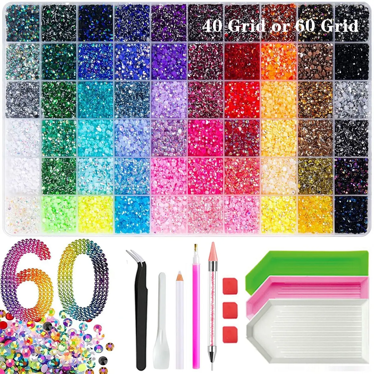 60000 DIY Nail Art Rhinestones, 40/60 Colors, Sparkling Flat Back Gems, Perfect for Nail Art, Crafts, Notebook, Shoe Decorations