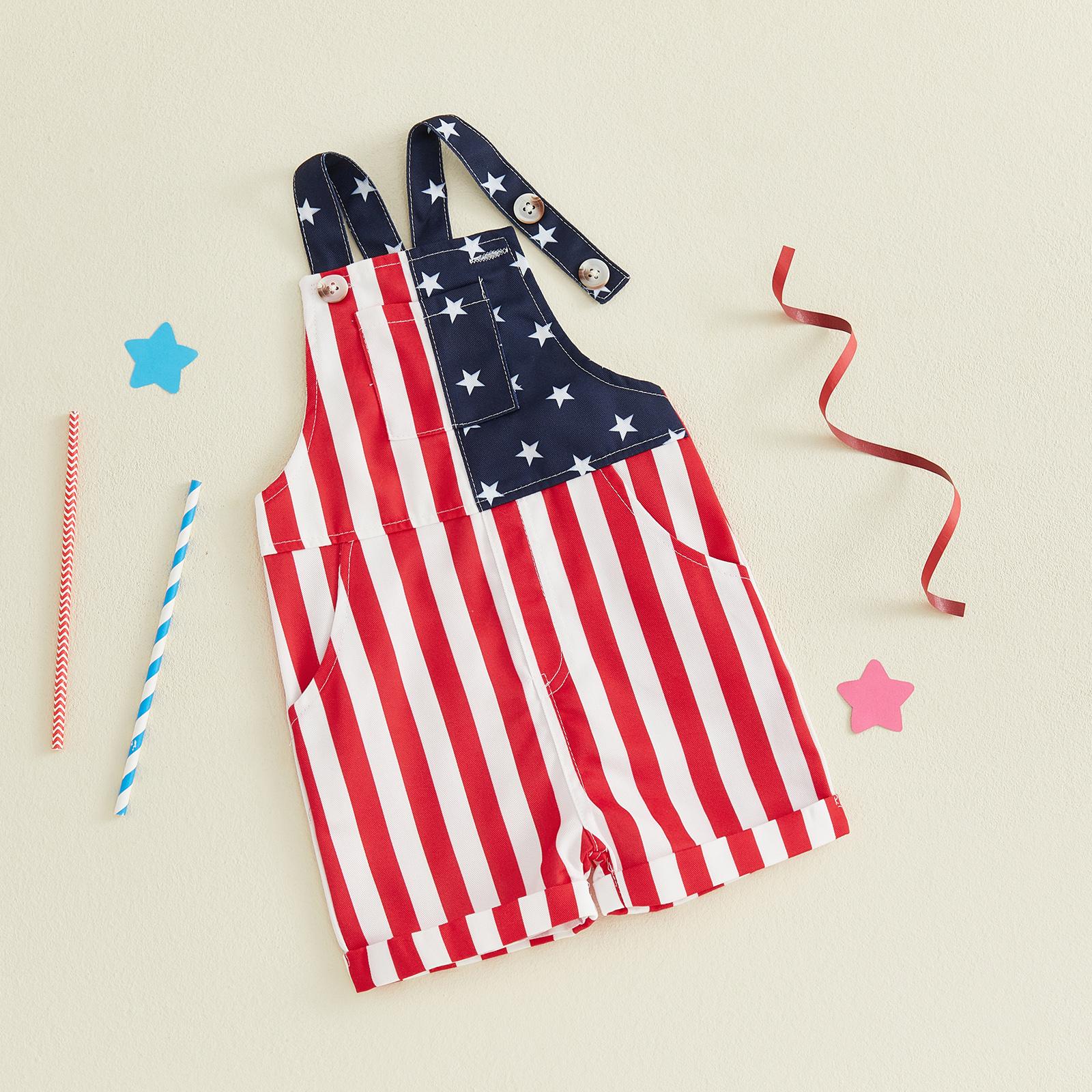 Emmababy Kids Toddler Baby Boy Girl 4th of July Overalls Outfits American Flag Overall Shorts Suspender Jumpsuit with Pocket Costume Romper