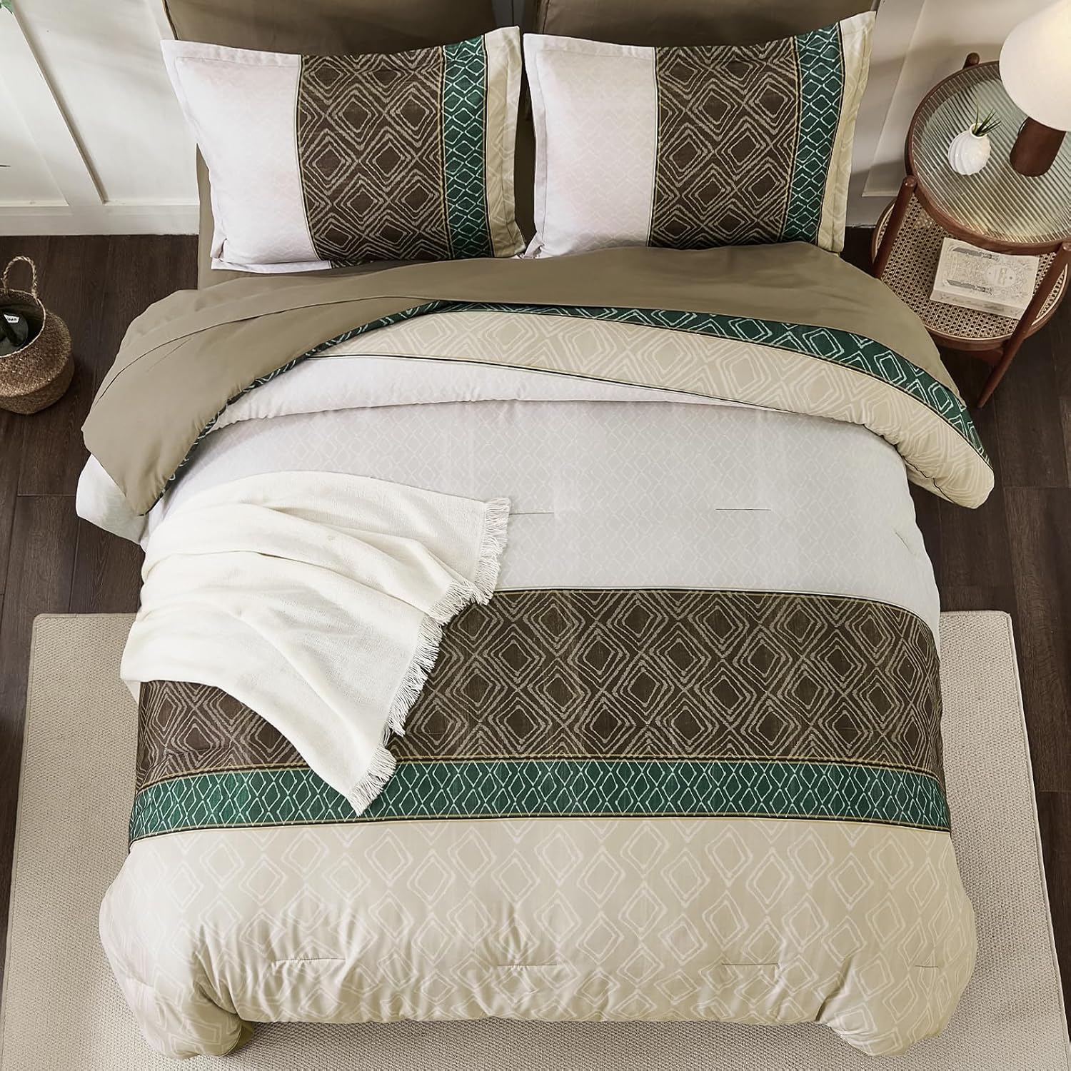 Comforter Set Khaki Boho,7  Bed in a Bag  Size Striped Summer Bedding Sets Comforters with Plaid Light Brown Bed Set with Sheets for Women