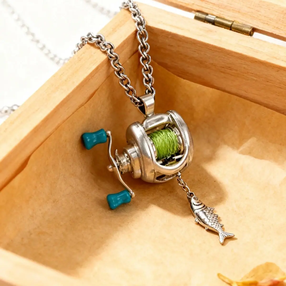 Mini Baitcasting Fishing Reel Necklace, Creative Fisherman Trout Fish Pendant, Unique Fishing Lover Gift for Men Outdoor Angler Jewelry