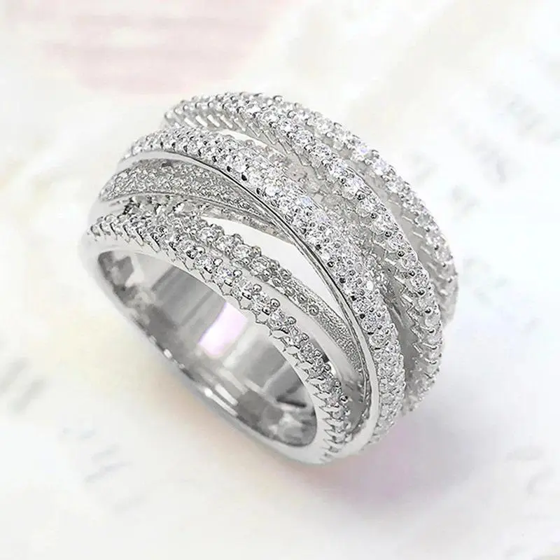 Women's 925 Sterling Silver Multi-Ring Set - Cross Pattern Luxury Jewelry with Cubic Zirconia, Ideal for Engagement and Wedding Wear, Engagement Wear, Jewelry Stack, Romantic Look, Female