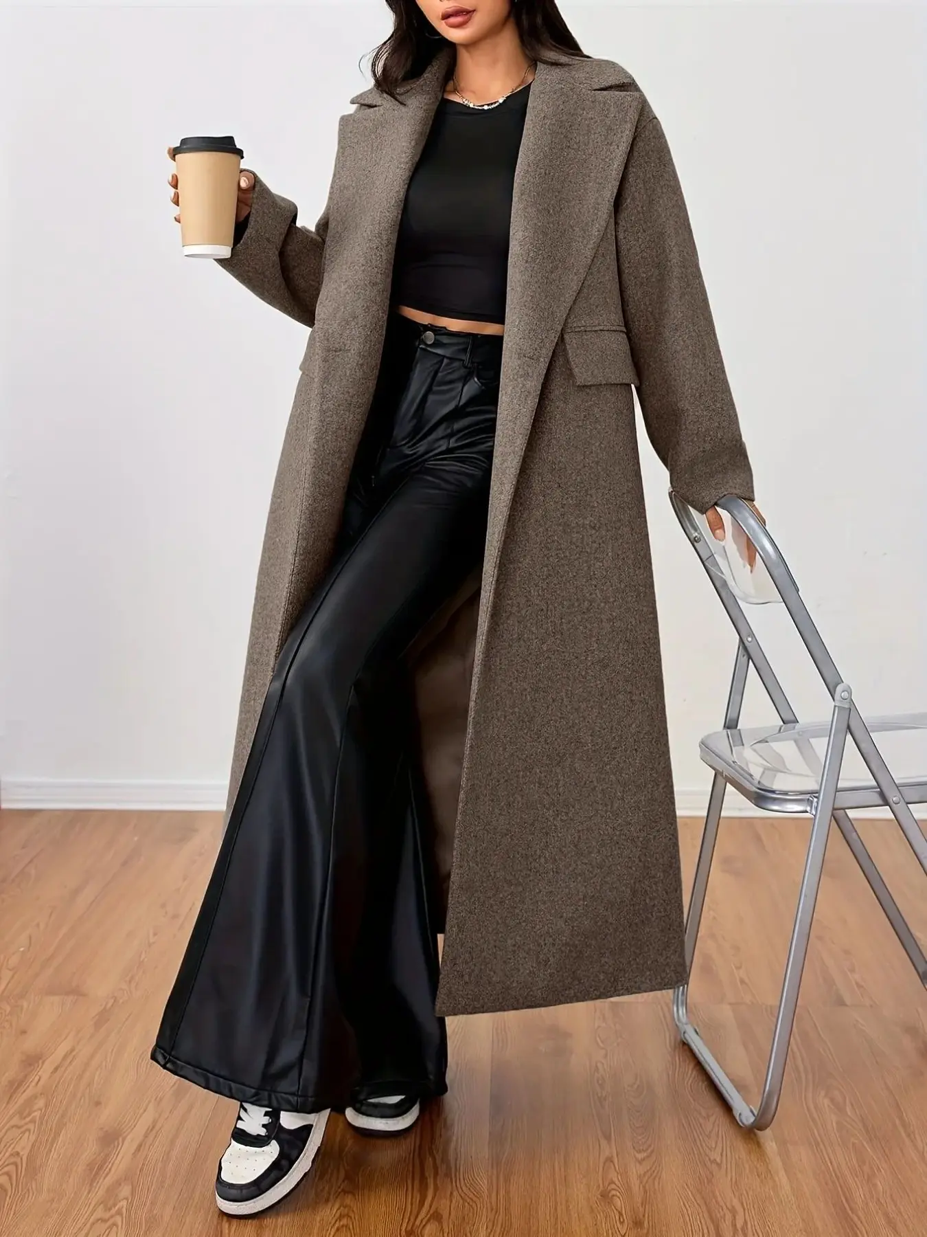 Korean Style Oversized Wool Coat for Women, Large Lapel Single Button, Loose Fit Drop Shoulder, Knee-Length Commuter Outerwear