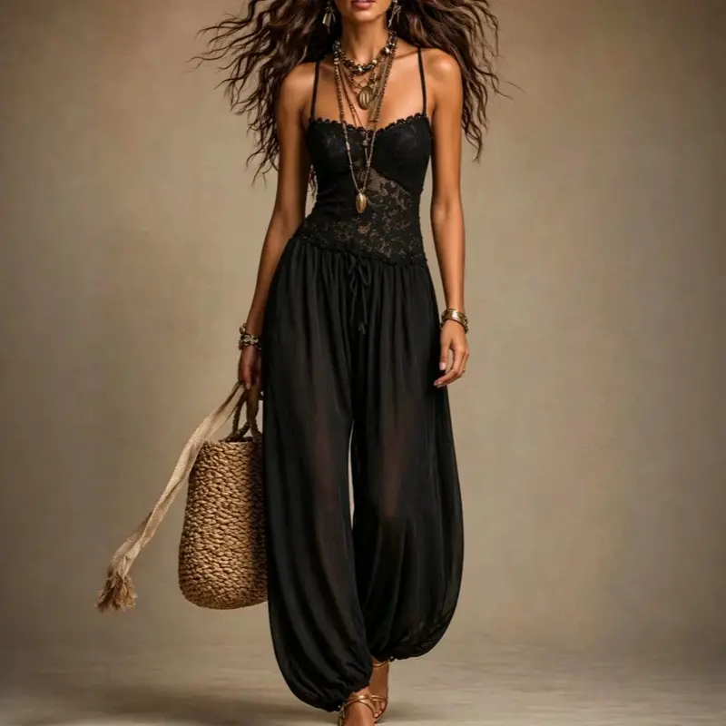 Women's 2026 New Bohemian Style Black Strap Chiffon Summer Sexy Lace Jumpsuit 10723