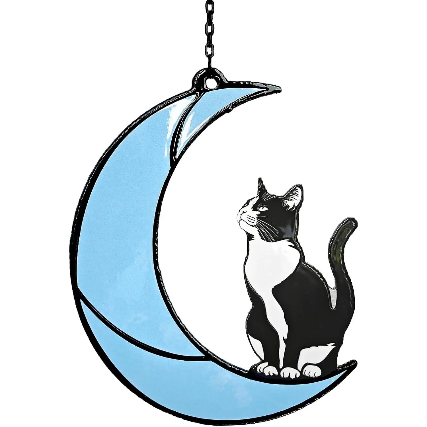 Black and White Cat Moon Suncatcher - Cat Loss Sympathy Gift, Tuxedo Stained Glass Hanging Ornament for Memorial Home Decor