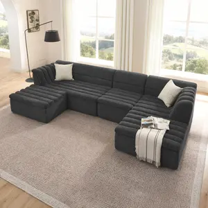 Aobtkel®135" U-Shaped Modular Sectional Sofa with Chaise and Movable Ottoman for Living Room, Chenille Upholstered Boneless Couches with Wave-Shaped Armrest, No Pillows Included    RR