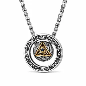 Vintage All-Seeing Eye Rotatable Pendant Necklace for Men - Copper-Plated Silver Triangular Eye, Blue Zircon, Scroll Engraving Punk Amulet Costume Jewelry Gift