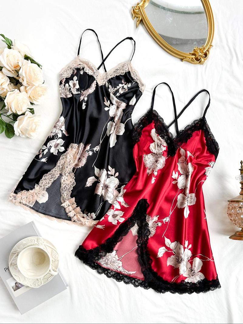 Women's Contrast Lace Backless Satin Cami Nightdress, Comfort Basic Criss Cross Tie Back Sleeveless Nightgown, Summer for Women Nightgown Gifts