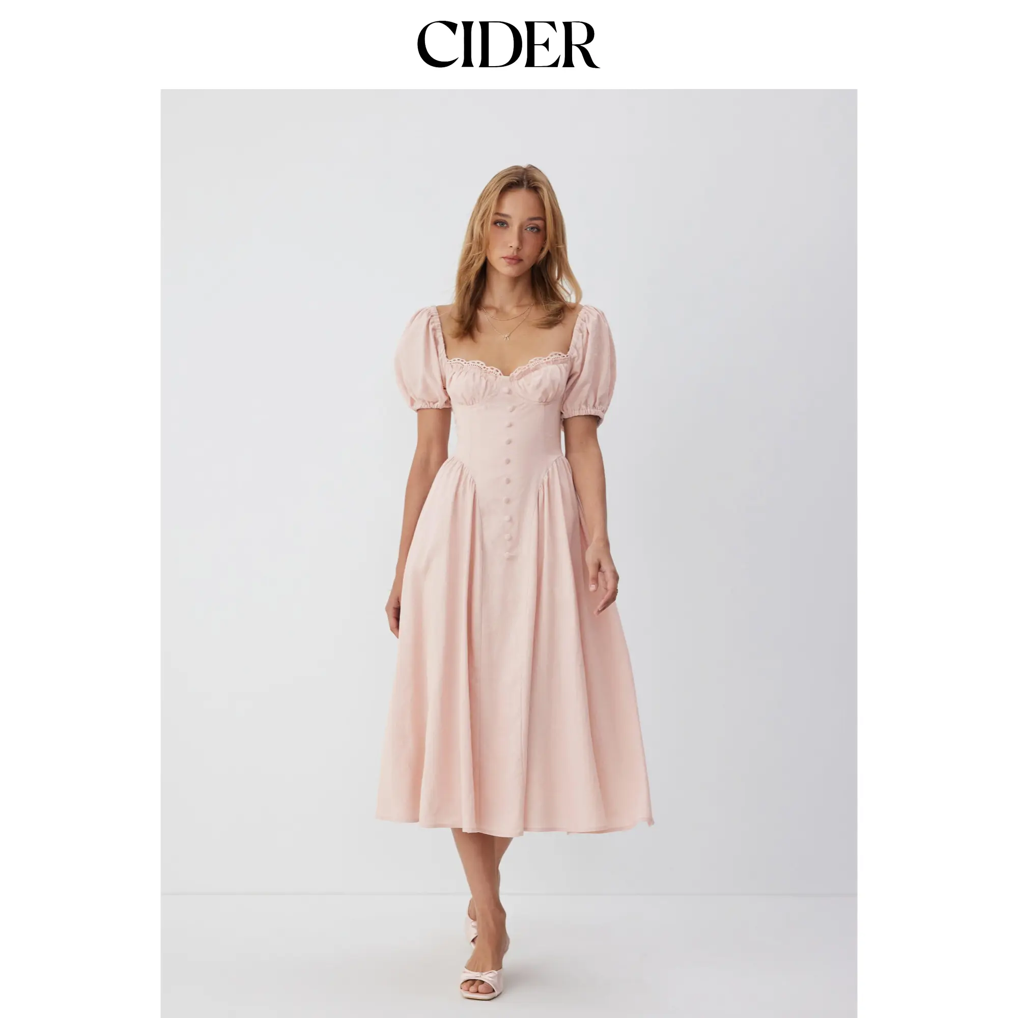 Cider Linen-blend Sweetheart Neck Puff Sleeve Draped Lace Up Milkmaid Maxi Dress