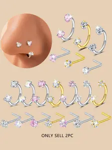 Elegant Cz Inlaid Spiral Nose Ring, L-Shaped Heart Design Piercing Stud 18g Unisex Fashion Jewelry, Party Body Accessories, Trendy Gift Idea Body Piercings