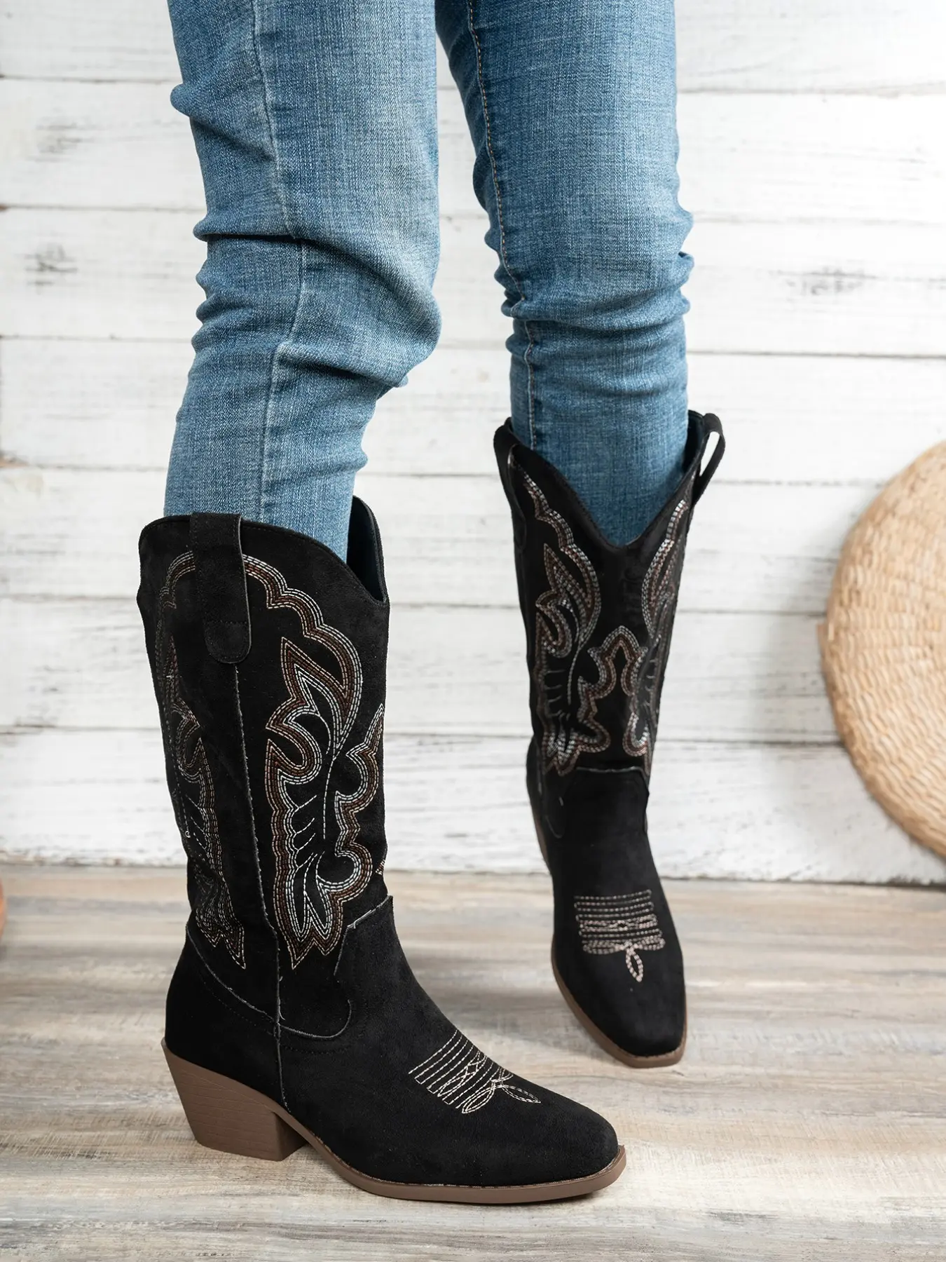 Women's Fall Winter Pointed Toe Heeled Mid-Calf Boots, Embroidered Western Cowboy Boots, Vintage Rodeo Boots, Comfortable Soft Sole, Perfect for Holidays