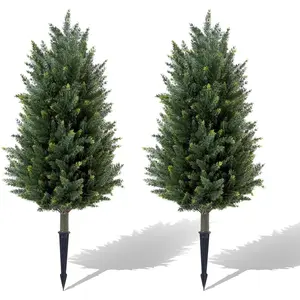 Pair 3ft Artificial Cedar Topiary Trees UV-Resistant Faux Cypress Shrubs with Ground Spikes Including Lights Tall Evergreen Decorative Plants for Outdoor & Indoor Porch Patio Garden