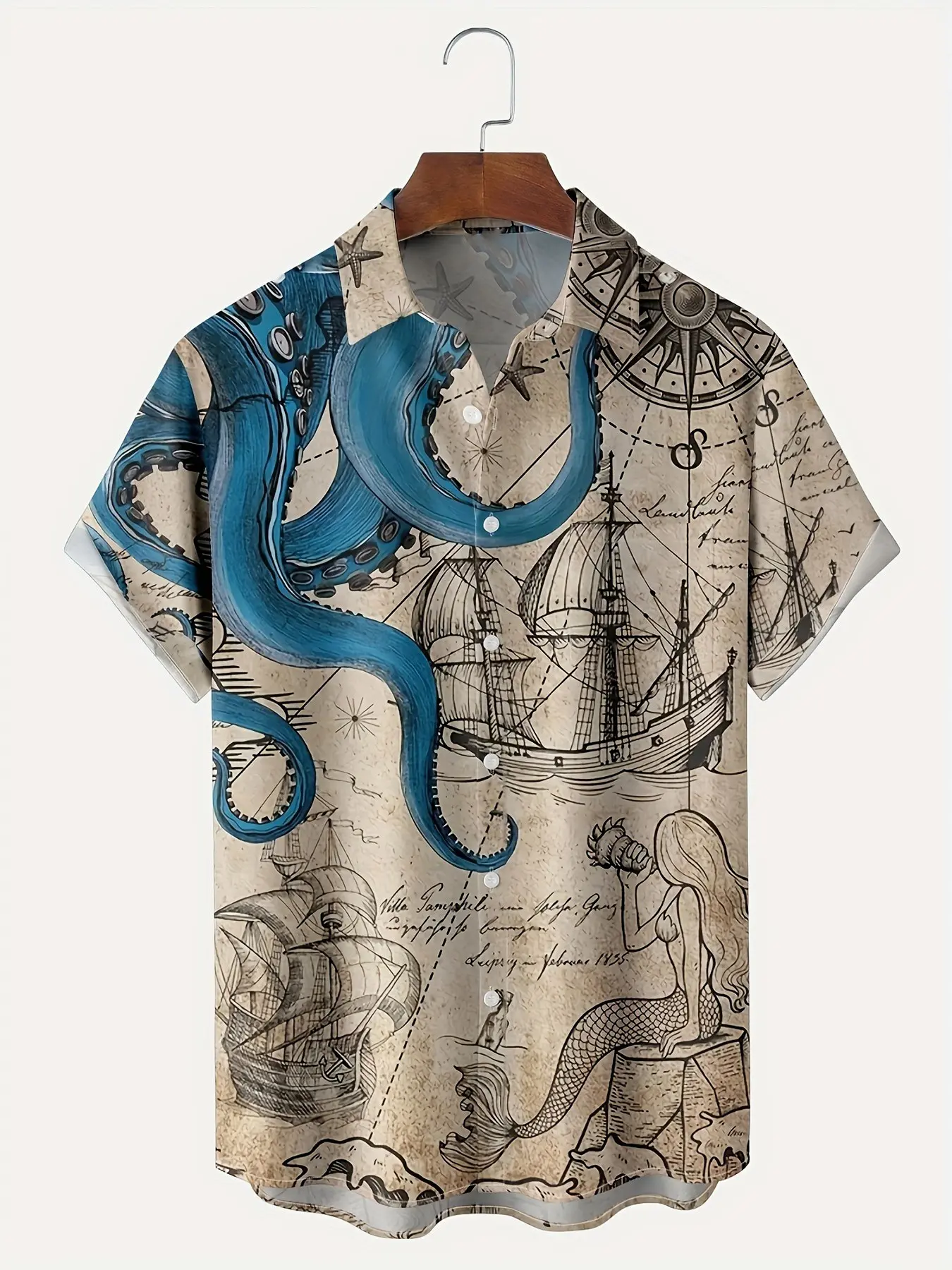 Men's Vintage Nautical Map Octopus Mermaid Sailboat Print Short Sleeve Button-Up Tropical Beach Lover Hawaiian Shirt, Casual Loose-Fit Summer Top