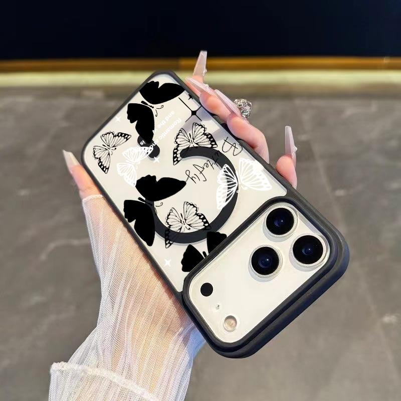 Black and white butterfly Magsafe Phone Case Shockproof Compatible for iPhone 17 Pro Max Air 16 16e 15 14 Plus 13 12 11 X XS Magnetic Hard Acrylic Back Soft TPU Edge Shock-resistant Cover Gift 2D printing