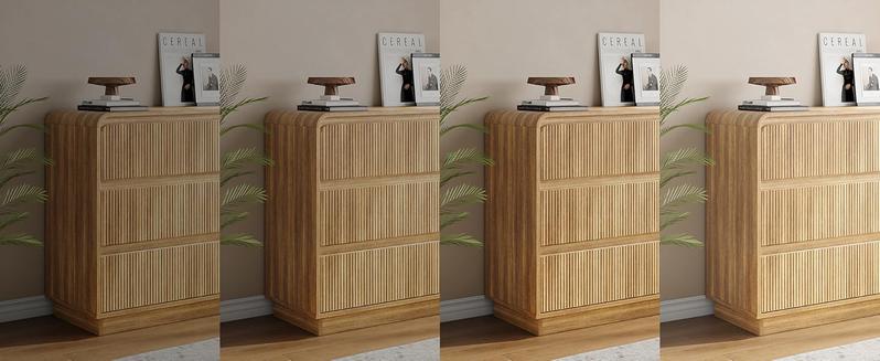 Fluted 6 Drawer Dresser for Bedroom, 48" Wide Handleless Chest of Drawers with Curved Profile Design, Modern Wooden Dresser TV Stand with Organizer Storage for Living Room, Entryway, Natural Oak