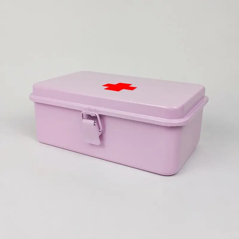 Pink Metal First Aid Box with Buckle Lock, Vintage Emergency Kit Storage Case, Medical Supply Organizer for Home, Car and Office