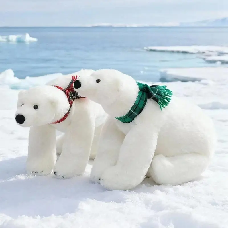 Lovely Christmas Polar Bear Plush Toys Stuffed Cartoon Plaid Scarf Polar Bear Doll Warm Hugging Bear Doll Birthday Xmas Gift