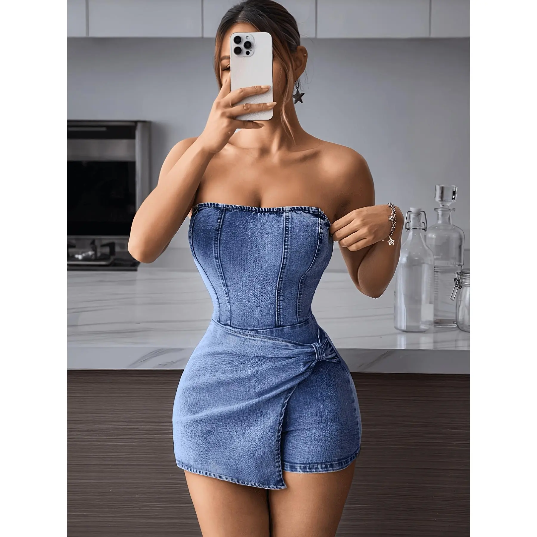 Strapless Denim Jumpsuit Curvy-Hugging Party Look