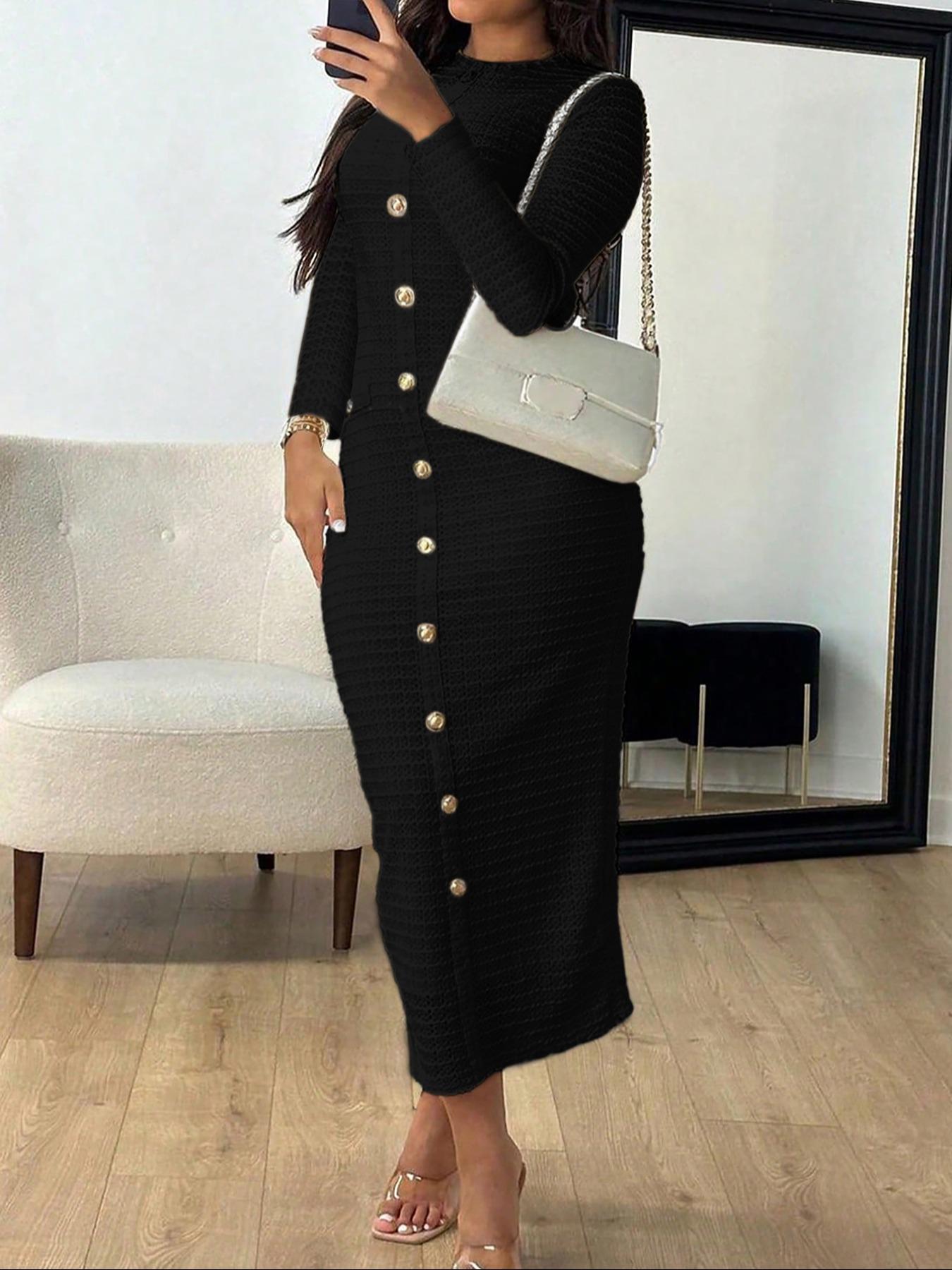 Elegant Casual Long Sleeve Maxi Dress for Women, Womenswear, Thin Knitted Fabric Perfect for All Seasons, Fitted Plain Design for Stylish Comfort