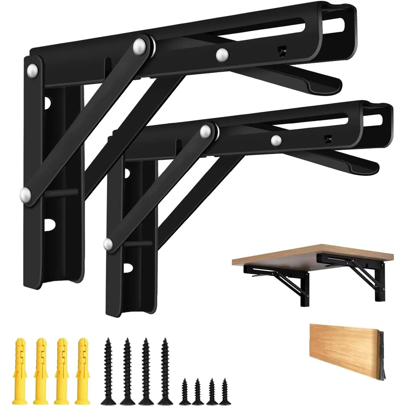 2-Pack Black Heavy Duty Folding Shelf Brackets, 10 Inch Collapsible Bracket Shelf for Fold Down Desk, 148 lbs Per Pair for Balcony, Bathroom