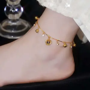 Gold Silver Plated Crown Bell Charm Anklet for Women Cute Cubic Zirconia Blue Stone Interlocking Foot Chain Summer Beach Fairycore Aesthetic Jewelry